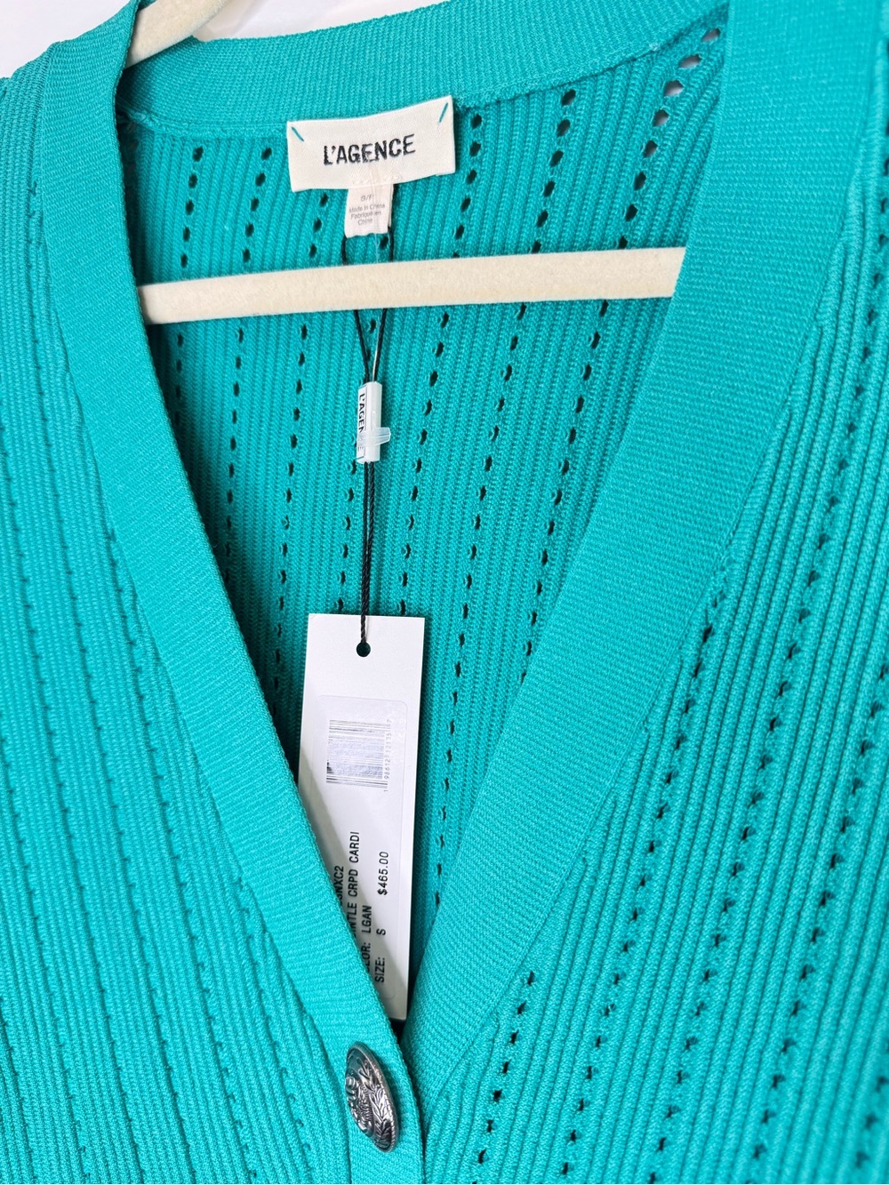 NWT ✨L'AGENCE Teal Ribbed V-Neck Button Cardigan Irvin Pointelle Sz Small $465 - Picture 5 of 8
